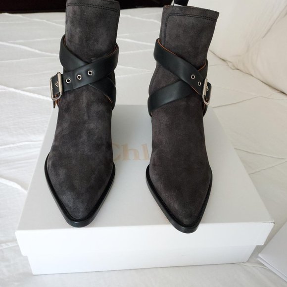 Chloe | Shoes | Nib Chloe Rylee Charcoal Leather Suede Ankle  NIB Chloe Rylee belted boots, grey suede, 39 (fits like an 8) *Orig. $1090*